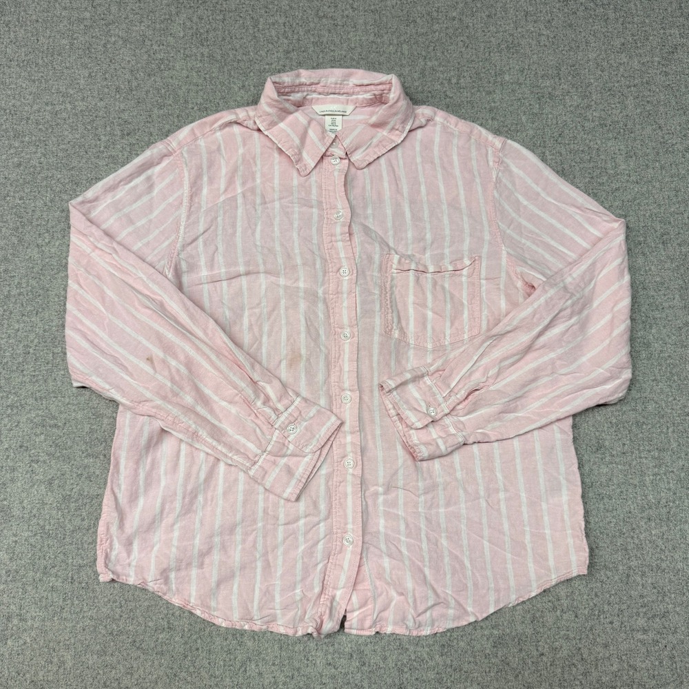 H&M Linen Blend Striped Button Down Shirt Size Medium Pink White Long Sleeve Top